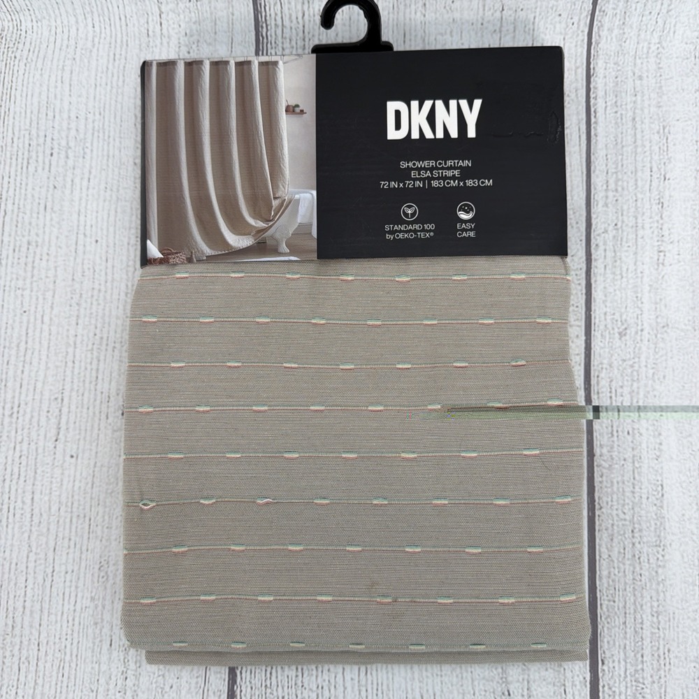 DKNY Shower Curtain Elsa Stripe Beige Pink Aqua Cotton Blend Modern Crisp Clean